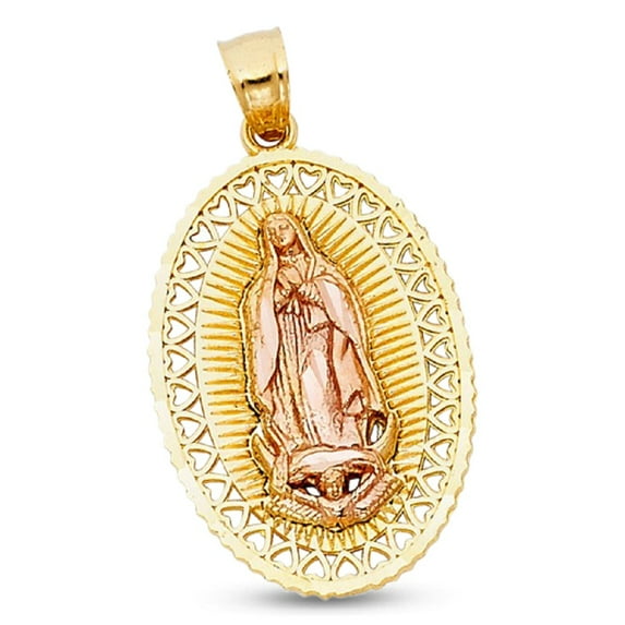 Virgin Mary Heart Pendant Solid 14k Yellow Rose Gold Lady Guadalupe Charm Medallion 27 x 19 mm