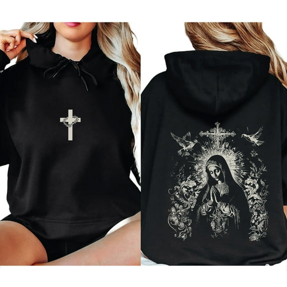 Virgin Mary Hoodie – Double Sided Religious Pullover with Cross Pattern, Trendy Catholic Faith Based Hoodie, Unisex Spiritual Streetwear