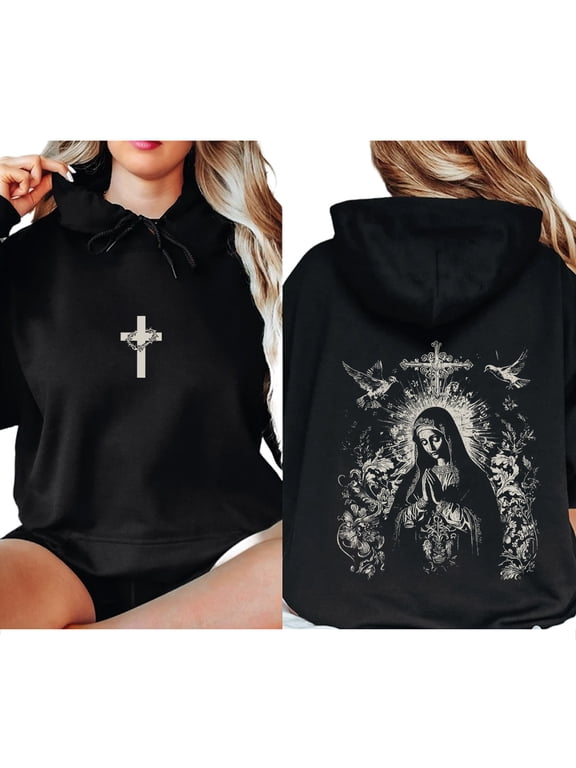 Hoodie – Double Sided Religious Pullover with Cross Pattern, Trendy Catholic Faith Based Hoodie, Unisex Spiritual Streetwear