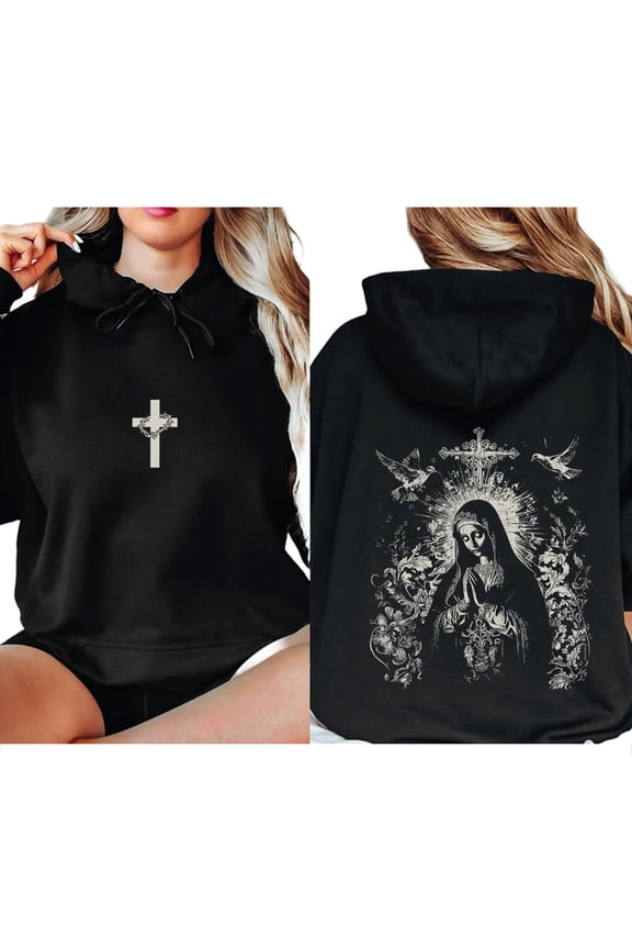 Virgin Mary Hoodie – Double Sided Religious Pullover with Cross Pattern, Trendy Catholic Faith Based Hoodie, Unisex Spiritual Streetwear