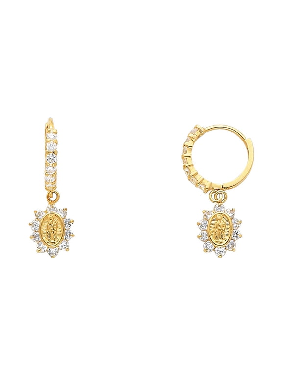 Virgin Mary Huggie Earrings Solid 14k Yellow Gold Guadalupe Huggies Hoops CZ Dangle Charm Fancy 12 mm