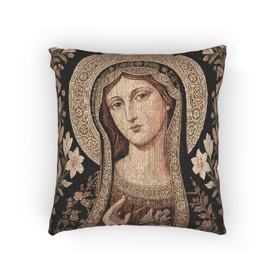 Virgin Mary Icon Portrait in Forest Green, Cream and Burgundy Decorative Woven Pillow, Cotton-Poly Shell
