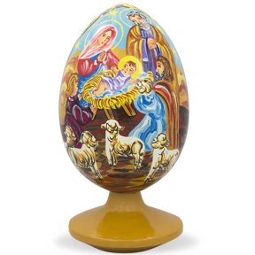Virgin Mary, Joseph, Jesus, 3 Kings & Lambs Nativity Scene Wooden Egg