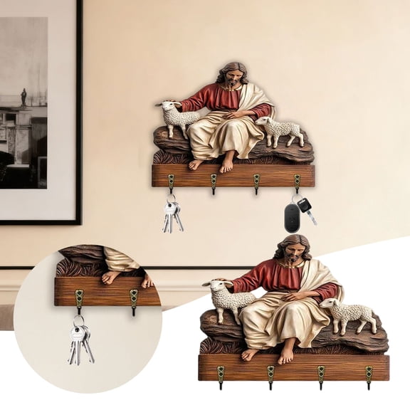 Mary Key Holder,2D Flat Jesus and Disciples Wall Art Keychain Holder ,Rustic Wooden Key Rack with 4 Metal Hooks, Farmhouse Religious Decor for Entryway, Christian Gift for Family, Friends