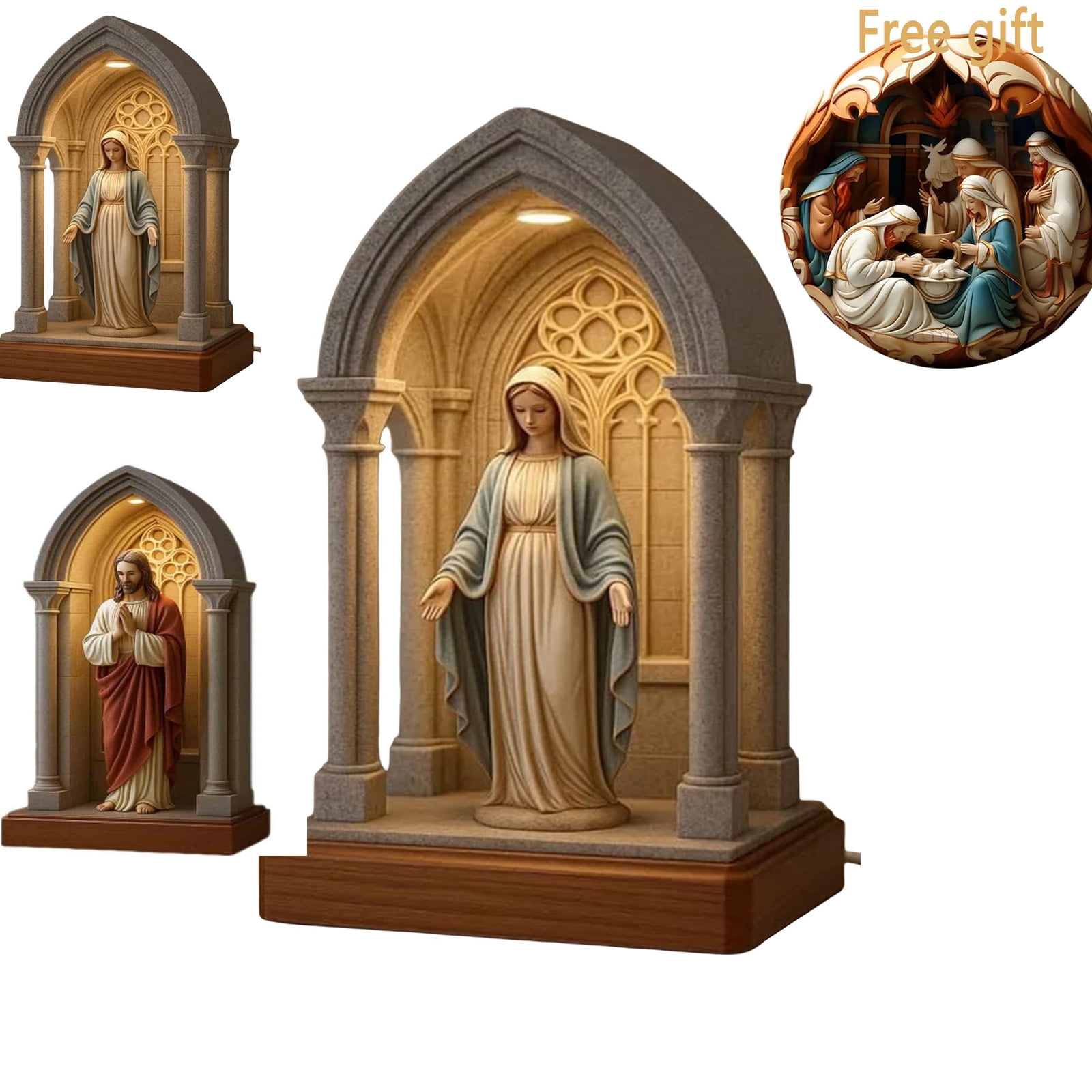 Virgin Mary LED Devotional Table Lamp, Handmade Virgin Mary Catholic Decor Table Lamp, Soft Eye Protecting Elegant Sacred Virgins Marys Statue Night Light for Bedroom Living Room