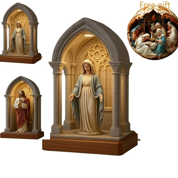 Virgin Mary LED Devotional Table Lamp, Handmade Virgin Mary Catholic Decor Table Lamp, Soft Eye Protecting Elegant Sacred Virgins Marys Statue Night Light for Bedroom Living Room