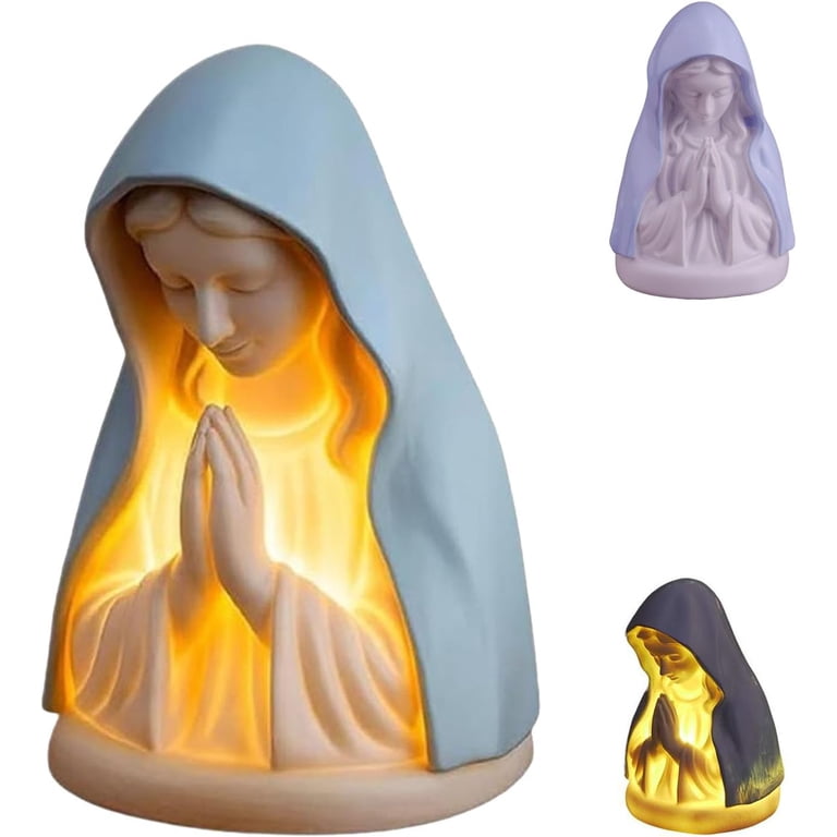 Virgin Mary LED Devotional Table Lamp – Handmade Resin Prayer Night Light With Soft Glow, 7" Religious Home Decor