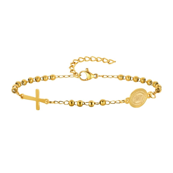 Virgin Mary Link Bracelet for Women-Dainty 18K Gold Plated Cross Chain Bracelets, Stainless Steel Adjustable Womens Gold Chain Bracelets Jewelry Gifts