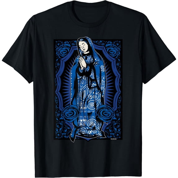 Virgin Mary Mexican Blanket Art Blue Bandana Print Chicano T-Shirt
