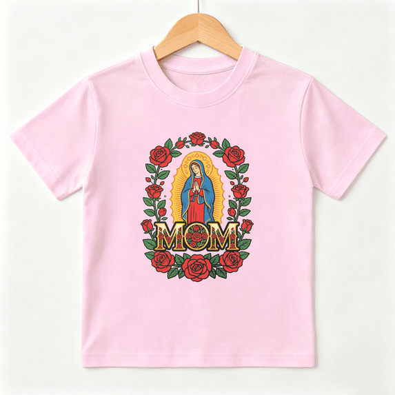 Virgin Mary Mom Girls Graphic Tee, Catholic Religious Flower 100% Cotton Kids Short Sleeve T-Shirt