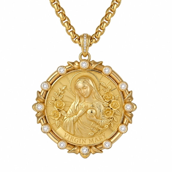 Kootwo Virgin Mary Pendant Necklace for Men Women, 14K Gold Plated Miraculous Medal, Catholic Protection Gift