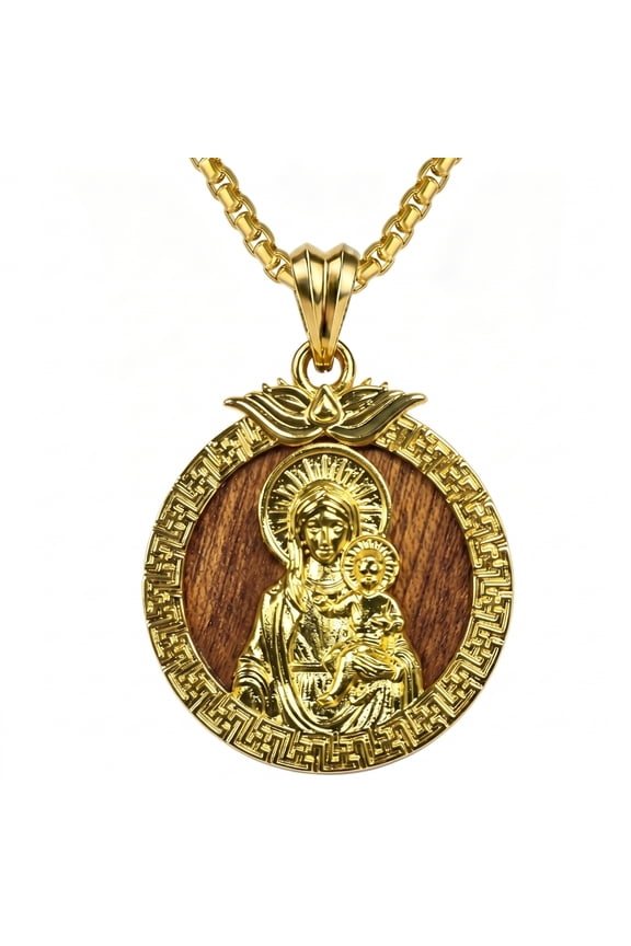 Virgin Mary Pendant Necklace for Women, Madonna and Christ Medal, 14K Gold Plated Walnut Wood Inlay Religious Jewelry Gift