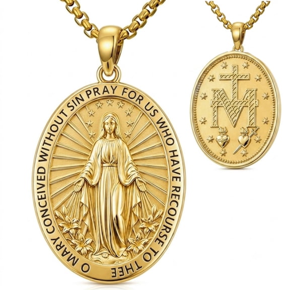 Kootwo Virgin Mary Pendant Necklace for Men Women, 14K Gold Plated Double-Sided Miraculous Medal, Our Lady of Grace Catholic Protection Jewelry Gift