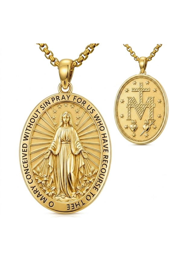 Virgin Mary Pendant Necklace for Men Women, 14K Gold Plated Double-Sided Miraculous Medal, Our Lady of Grace Catholic Protection Jewelry Gift