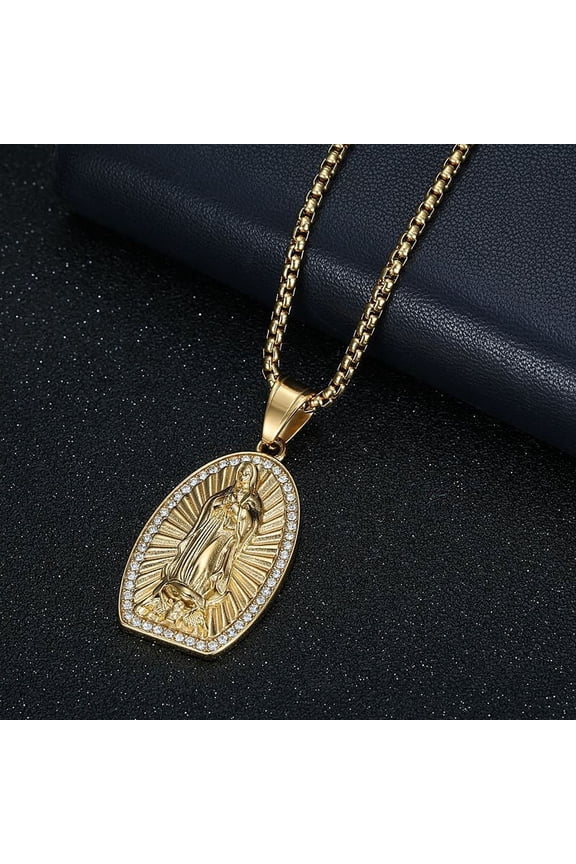 Virgin Mary Prayer 14K Yellow Gold Pendant Necklaces with rhinestone Women/Men Jewelry