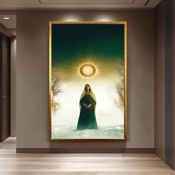 Virgin Mary Print Green Robe Snowy Forest Religious Home Decor, Unframed Canvas 8x10in