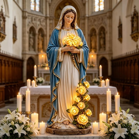 Virgin Mary Resin Garden Light, Solar Statue with Glowing LED Roses, Hand Painted Figurine Lamp for Patio Porch Yard Memorial Gift