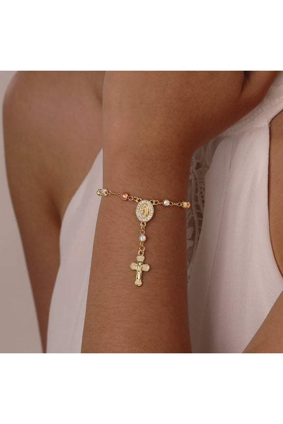 Virgin Mary Rosary Bracelet for Women, 14k Gold Plated Inspirational Jesus Cross Charm Virgen De Guadalupe Bracelet, Adjustable Christian Faith Bead Link Chain Bracelets Religious Jewelry Gifts