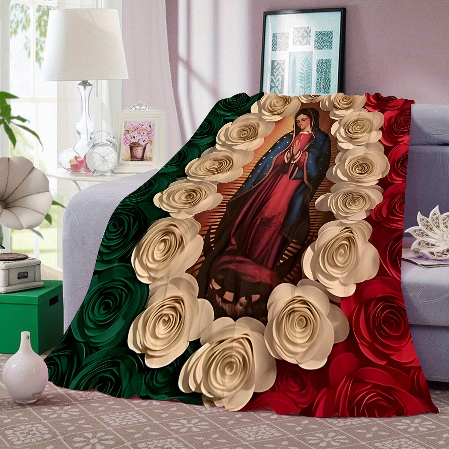 Virgin Mary Rose Blanket Soft Flannel Throw with Our Lady of Guadalupe Design Green & Red Roses Perfect for Sofa Bed Car Office Camping Travel All-Season Gift