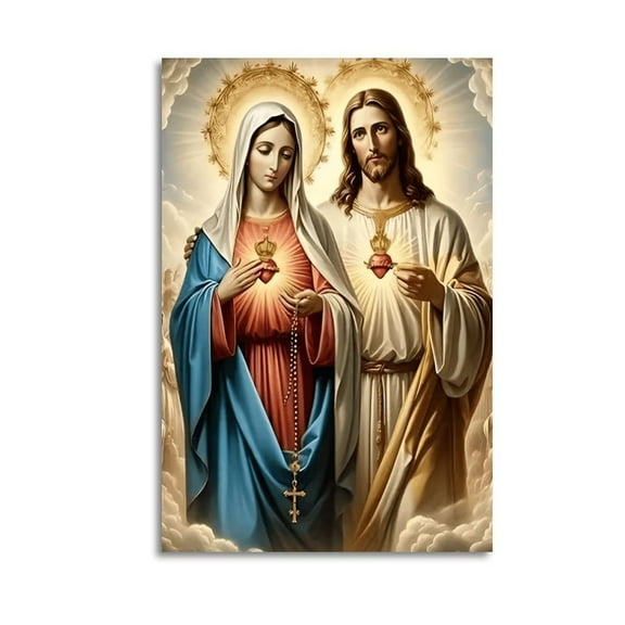 Virgin Mary & Sacred Heart Canvas Art Poster Wrapped Wooden Frame Wall Decor,,Canvas Wall Art for Living Room,Bedroom,Office,Ready to Hang