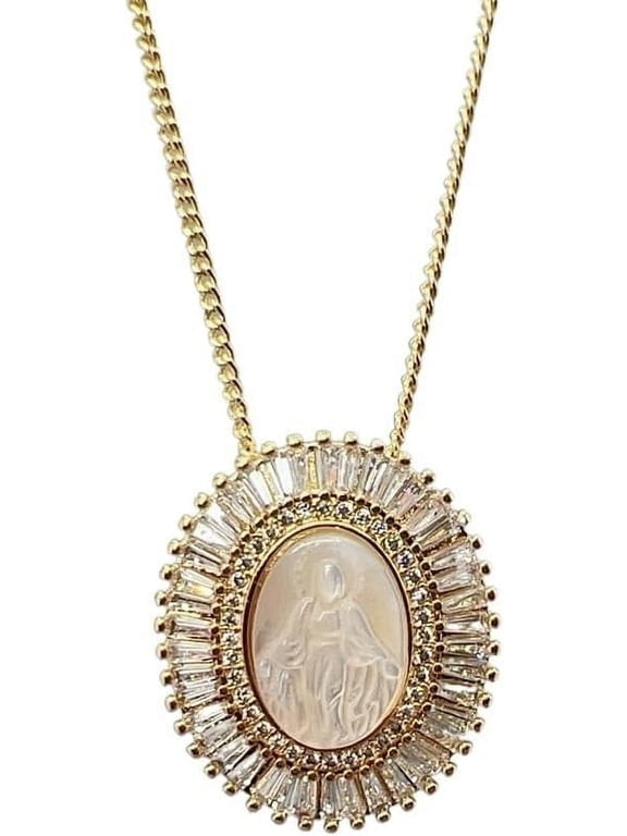 Virgin Mary Scapular Necklace,Cadena Virgen De Mary Mother of Pearl Necklace,18K Gold Plated Cubic Zirconia Miraculous Medallion Necklace