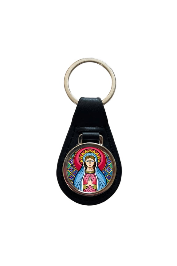 Virgin Mary Stained Glass Christian Religious Catholic Metal Black Leather Keychain
