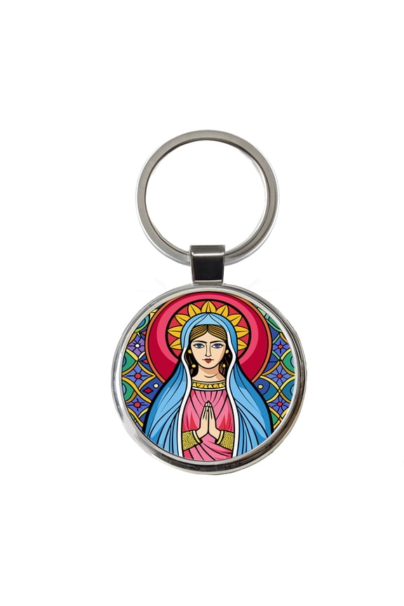 Virgin Mary Stained Glass Christian Religious Catholic Metal Round Keychain