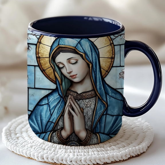 Virgin Mary Stained Glass Mug Blue Chinoiserie Catholic Coffee Cup