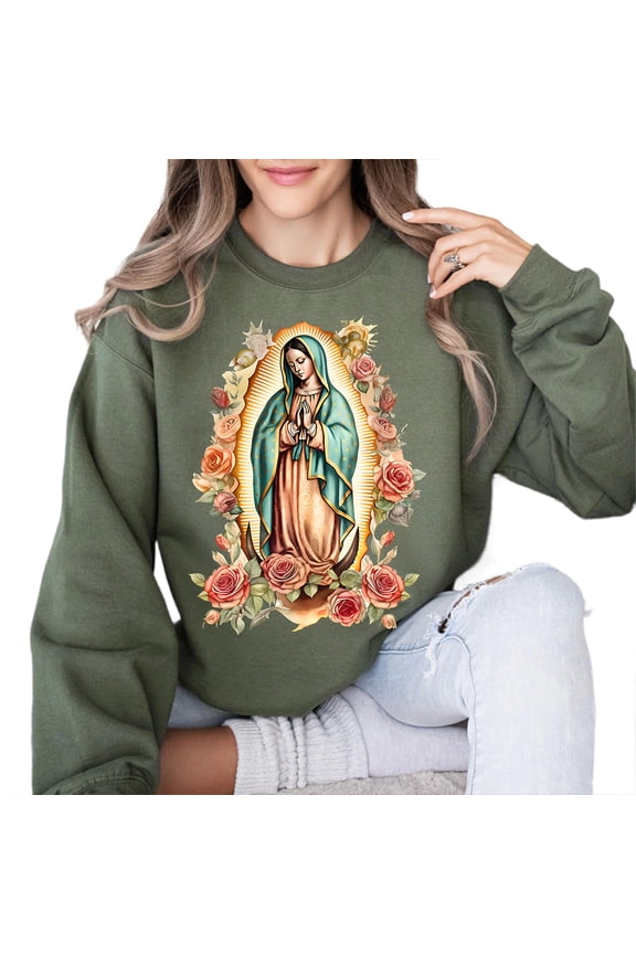 Virgin Mary Sweatshirt – Our Lady of Guadalupe Pullover, Religious Mother Mary Sweater, Catholic Faith Based Unisex Apparel
