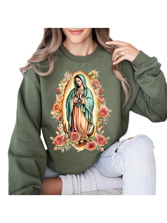 Virgin Mary Sweatshirt – Our Lady of Guadalupe Pullover, Religious Mother Mary Sweater, Catholic Faith Based Unisex Apparel