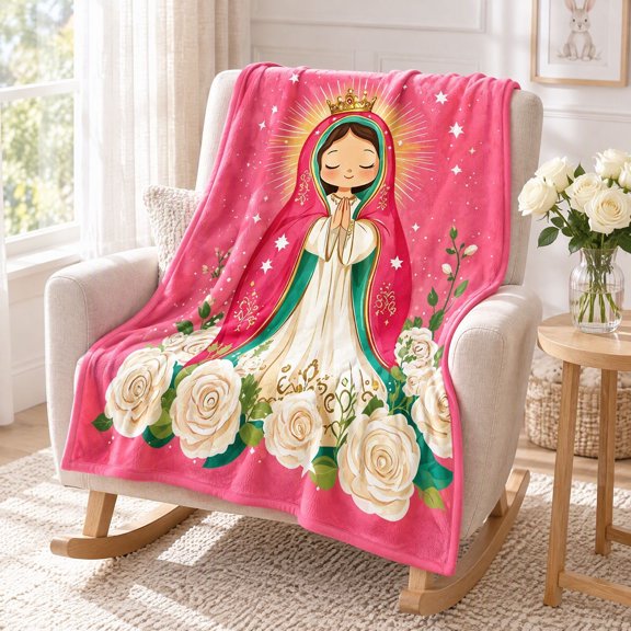 Virgin Mary Throw Blanket, 39.4 x 27.6 Inch Thick Polyester with Soft Brushed Surface, Warm Winter Layer for Bed Couch Napping Reading and Gifting, Pink Virgin Mary Blanket