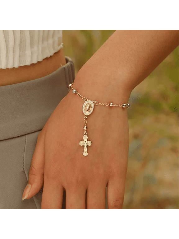 Virgin Mary & Virgin of Guadalupe Rosary Bead Cross Adjustable Link 14K Gold Filled Bracelet, Religious Jewelry for Women