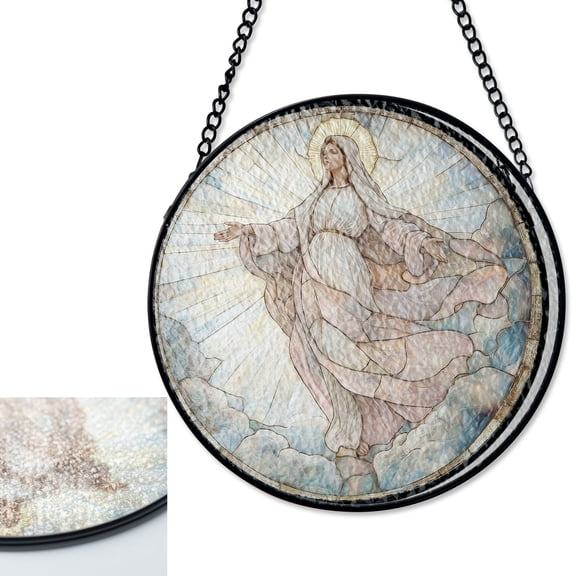 Virgin Mary White Clouds Stained Glass Suncatcher, Christian Easter Decor