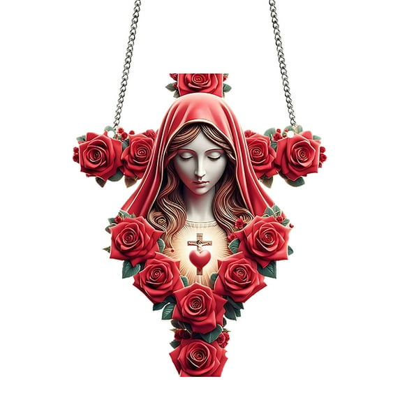 Virgin Mary Window Hanging Ornament,Easter Rose Cross Ornament,2d Flat Acrylic Porch for Bedrooms ,Versatile with Metal Chain Valentine'S Day Gift,Easter Decorations for The Home Indoor Holiday Decor