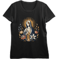 thumbnail image 1 of Virgin Mary With Roses And Flowers Women's Black Crew Neck Short Sleeve Crop Tee-Medium, 1 of 3