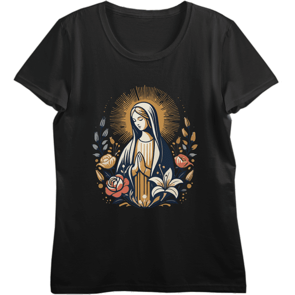 Virgin Mary With Roses And Flowers Women's Black Crew Neck Short Sleeve Crop Tee-Medium