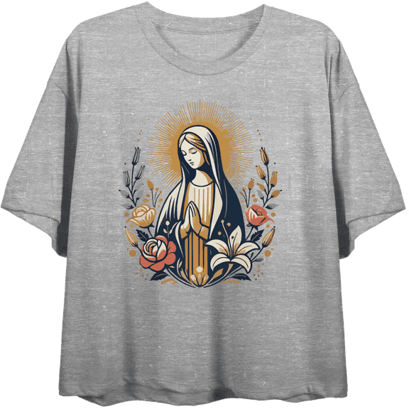 Virgin Mary With Roses And Flowers Women's Heather Gray Crew Neck Short Sleeve Crop Tee-Large