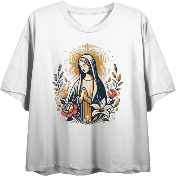 Virgin Mary With Roses And Flowers Women's White Crew Neck Short Sleeve Crop Tee-XL