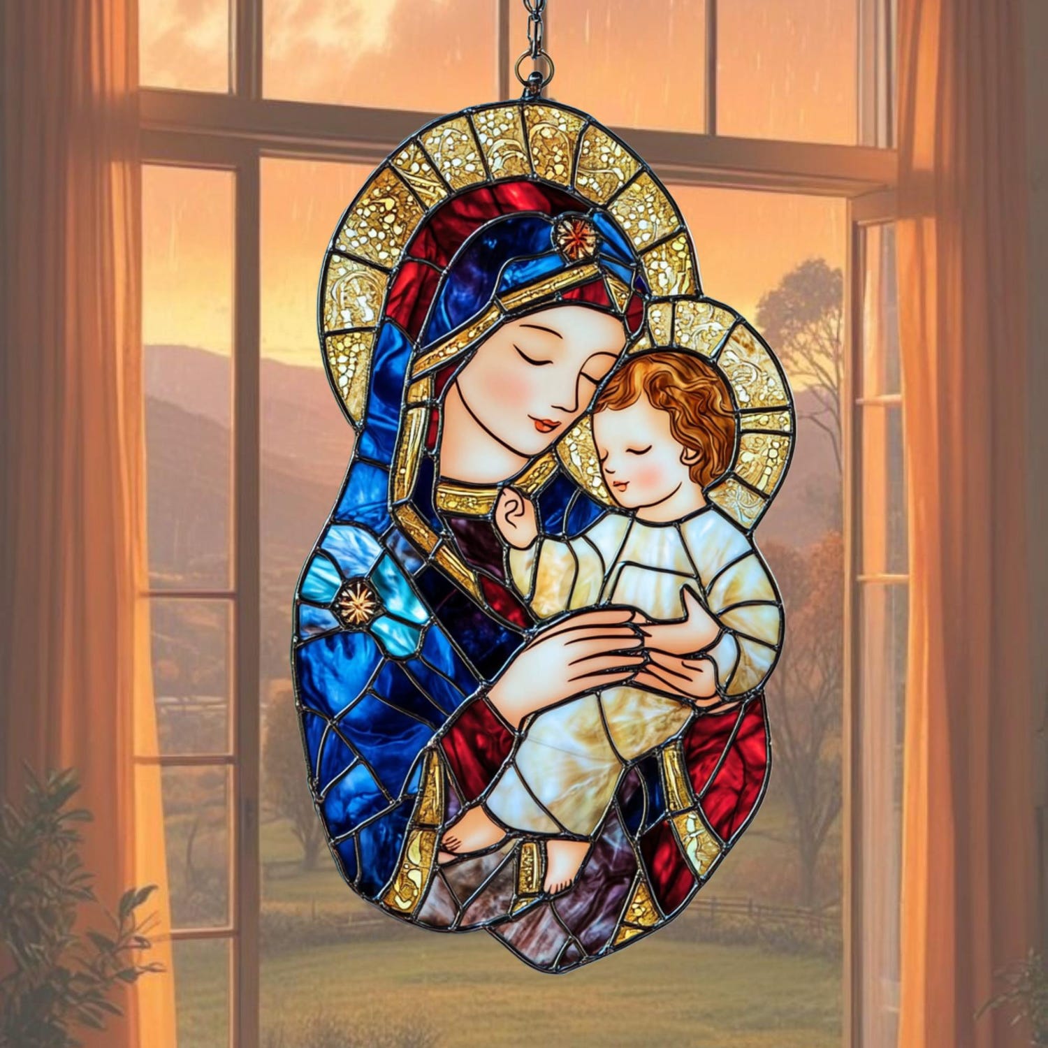 Virgin Mary and Baby Jesus Acrylic Faux Stained Glass Suncatcher Window ...