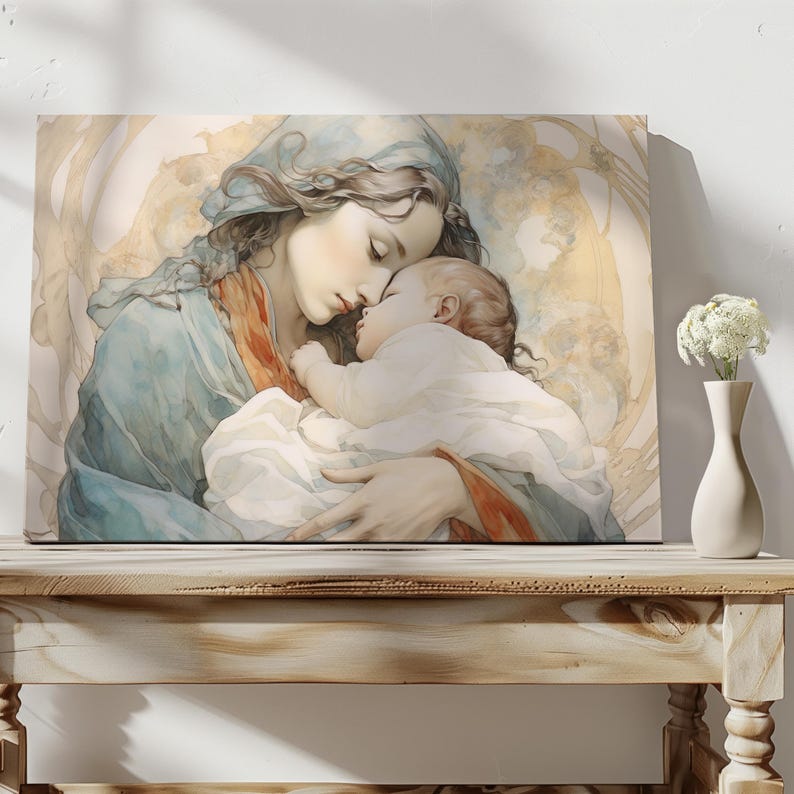 Virgin Mary and Baby Jesus Religious Canvas Wall Art Motherhood Poster ...