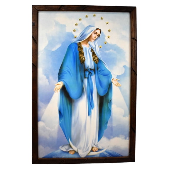 Virgin Mary of Grace Rustic Framed Wall Art – Virgen Milagrosa Cuadro Rústico | Available in 36x24, 18x13, and 12x10 Inches (M|18"x13")