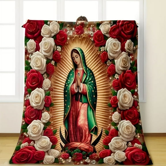 Virgin Mary with Roses Pattern Flannel Throw Blanket Tear-Resistant Digital Print All-Season for Home Decor Nap Office Shawl Sofa Travel