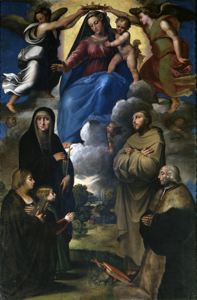 Virgin With Child In Glory Crowned By Angels With Saints Monica And Francis And Two Clients Canvas Art -  (24 x 36)