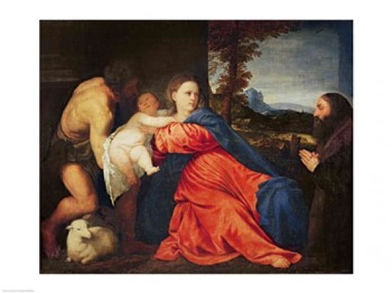 Virgin and Infant with Saint John the Baptist and Donor Canvas Art - Titian (24 x 18)