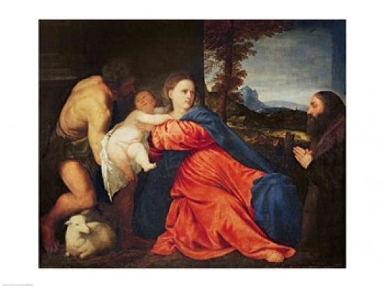 Virgin and Infant with Saint John the Baptist and Donor Canvas Art - Titian (36 x 24)