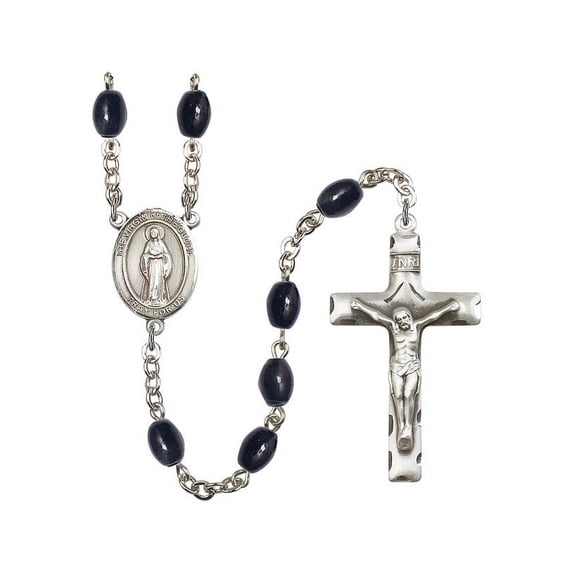 Virgin of the Globe Silver-Plated Rosary 8x6mm Black Onyx Beads Crucifix Size 1 3/4 x 1 medal charm