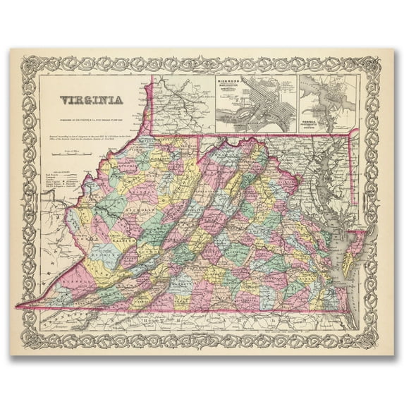 Virginia 1855 Vintage Map 11x14 Unframed Print – Antique Cartography Poster Reproduction w/Counties Rivers Railroads Towns Historical Wall Art Rustic Old Dominion State Office Library Classroom Décor