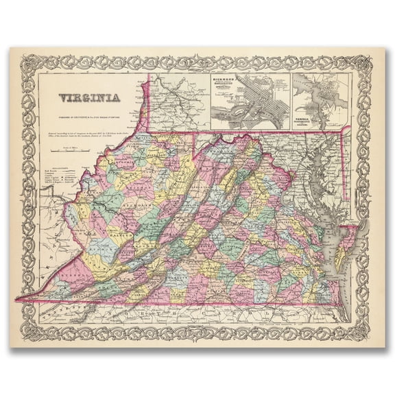 Virginia 1855 Vintage Map 11x14 Unframed Print  Antique Cartography Poster Reproduction w/Counties Rivers Railroads Towns Historical Wall Art Rustic Old Dominion State Office Library Classroom Dcor