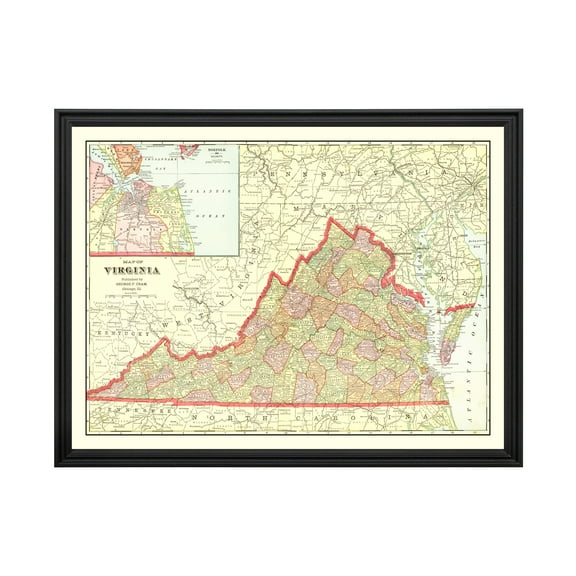 Virginia Art, 1908 Vintage Map of Virginia History Wall Decor Gift, Old Virginia Map - 24" x 18" Black Framed Print