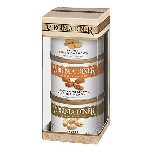 Virginia Diner - Salted Triplet Treasure Gift Set (Salted Virginia Peanuts, Butter Toasted Peanuts, & Salted Jumbo Cashews), Three 10 Ounce Tins